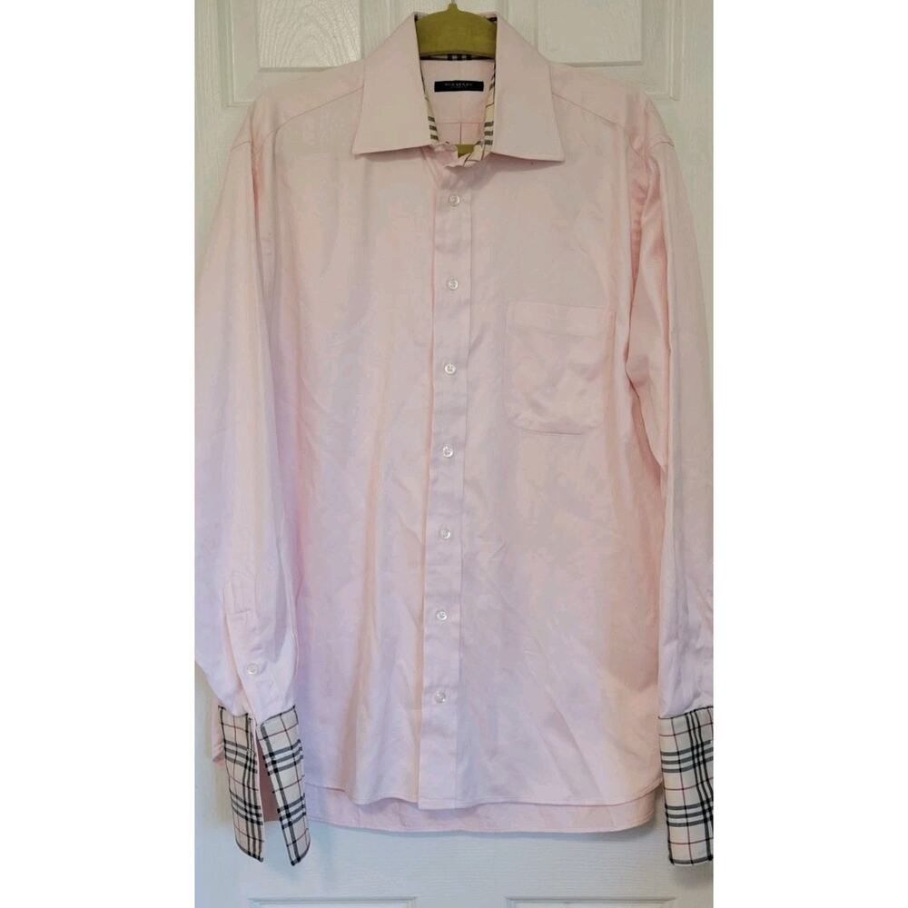 Burberry London England Long Sleeve Shirt ButtonUp Mens Large Pink Plaid Accents